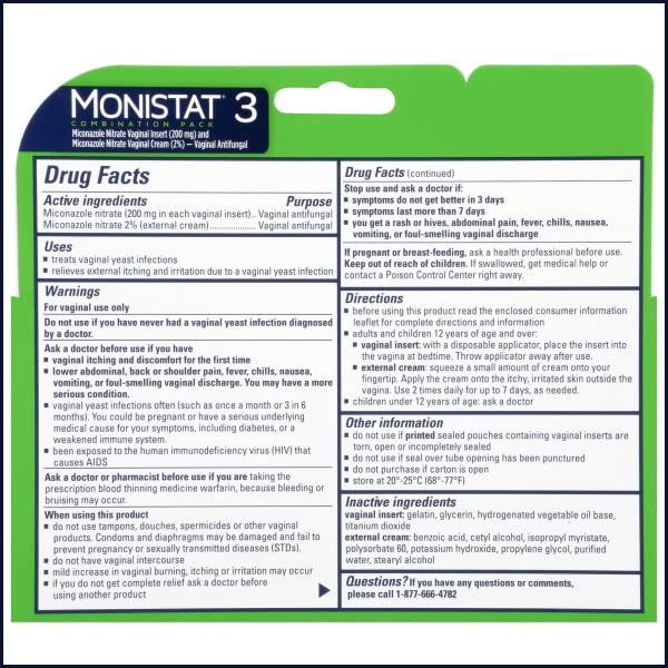 Monistat 3 Vaginal Antifungal Combination Pack - 3 Each, Pack of 2 Monistat uk supplements