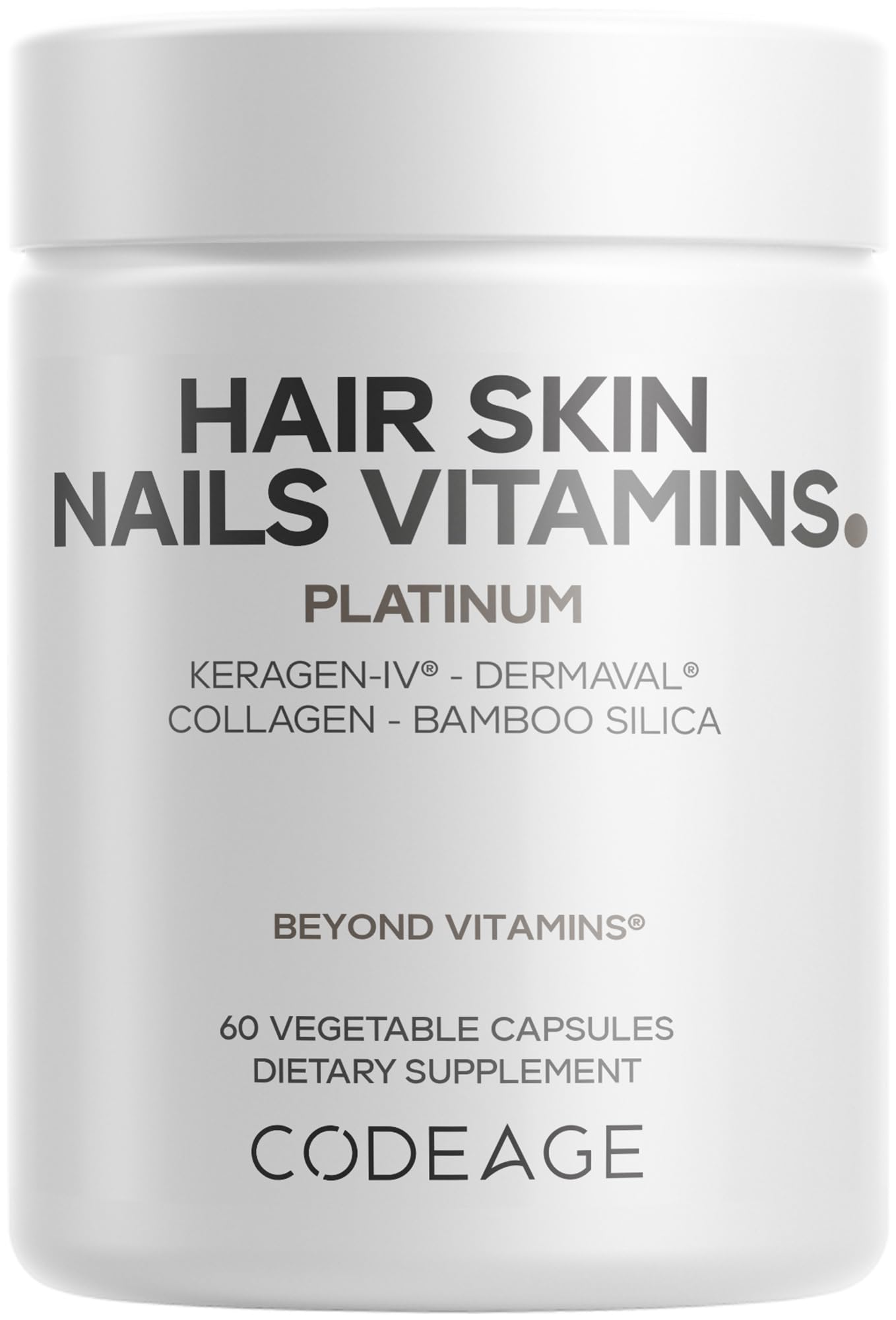 Codeage Hair Skin Nails Vitamins Platinum - KeraGEN-IV Keratin, Dermaval - Hair Fall, Skin Elasticity & Moisture Support - Biotin 5000, Collagen, Vitamin C, Coffeeberry, PABA Supplement - 60 Capsules Codeage uk supplements