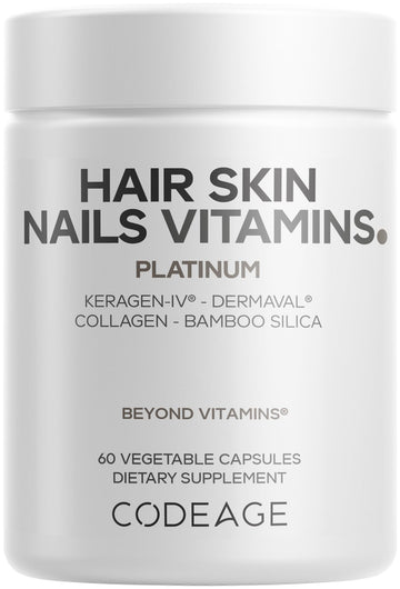 Codeage Hair Skin Nails Vitamins Platinum - KeraGEN-IV Keratin, Dermaval - Hair Fall, Skin Elasticity & Moisture Support - Biotin 5000, Collagen, Vitamin C, Coffeeberry, PABA Supplement - 60 Capsules Codeage uk supplements