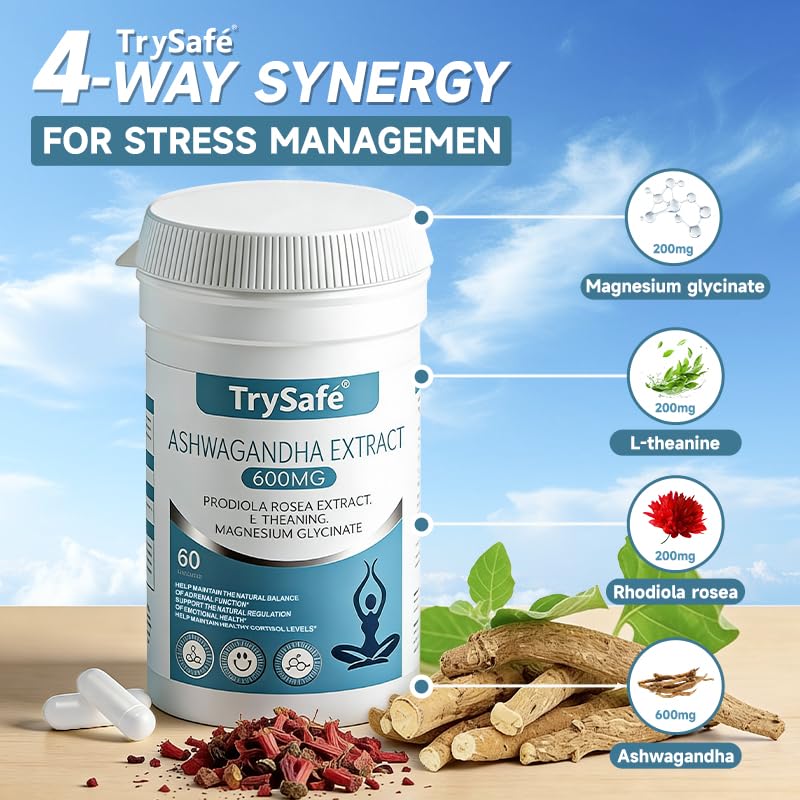 TrySafe 1100MG Cortisol Supplements for Women and Man with 600MG Ashwagandha, 200MG Rhodiola Rosea, 200MG L-Theanine, 100MG Magnesium Glycinate | for Healthy Stress Response*, Mood* TrySafe uk supplements