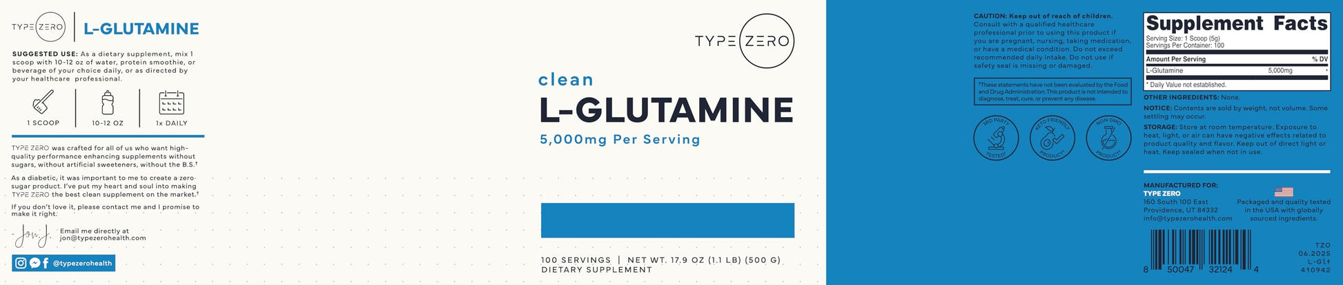 Type Zero L-Glutamine Powder (500G) 3-Month Supply Pure L-Glutamine Supplement - Vegan, Gluten Free, No Fillers Type Zero uk supplements