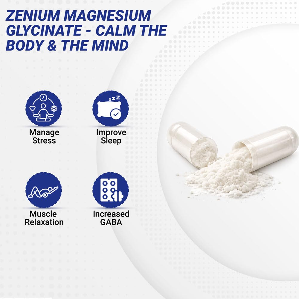 Zenium - Magnesium Glycinate for Sleep, Chelated, 600mg per Serving, 120 Capsules | High Absorption | Relieve Tension, Worry, Nervousness | Calm The Mind & Body | Ayurvedic | Natural Relief Supplement Zenium uk supplements