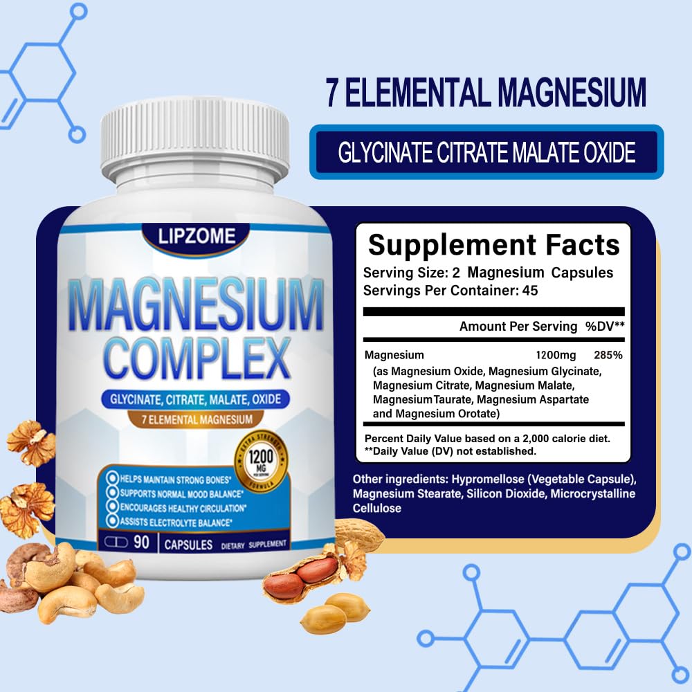Magnesium Complex Supplement 1200mg - Advanced 7-in-1 Magnesium Blend - Glycinate, Citrate, Malate, Taurate, Oxide, Aspartate, Orotate – High Absorption Formula – Non-GMO, 90 Capsules Lipzome uk supplements
