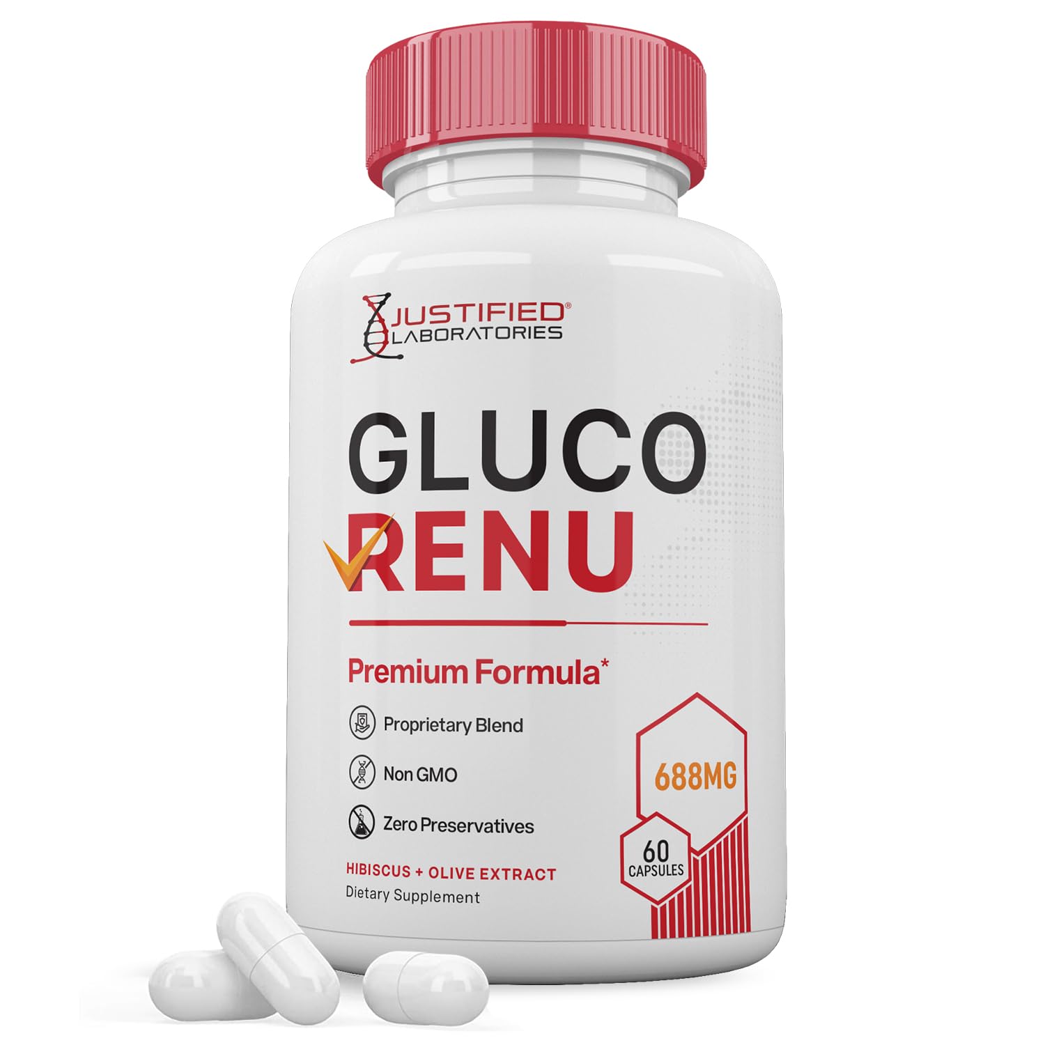 Gluco Renu 688MG Glyco Support Pills Premium Formula Gluo Renew Glycogen Support Formulated Hawthrone Hibiscus Garlic Junpier Powder Olive Forskolin Green Tea Extract 60 Capsules Justified Laboratories uk supplements