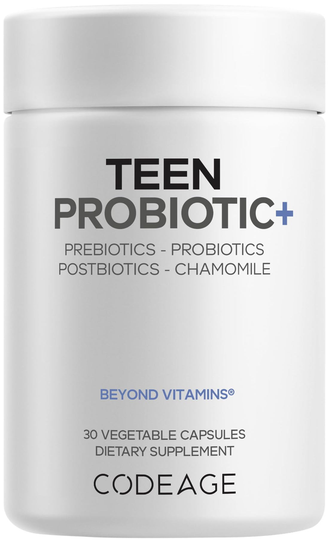 Codeage Teen Probiotic+ Supplement - 25 Billion CFU Probiotic Blend with Prebiotics, Postbiotics & Chamomile - Gut & Digestion Support for Teens and Teenagers 12 & Up - Non-GMO- 30 Capsules Codeage uk supplements
