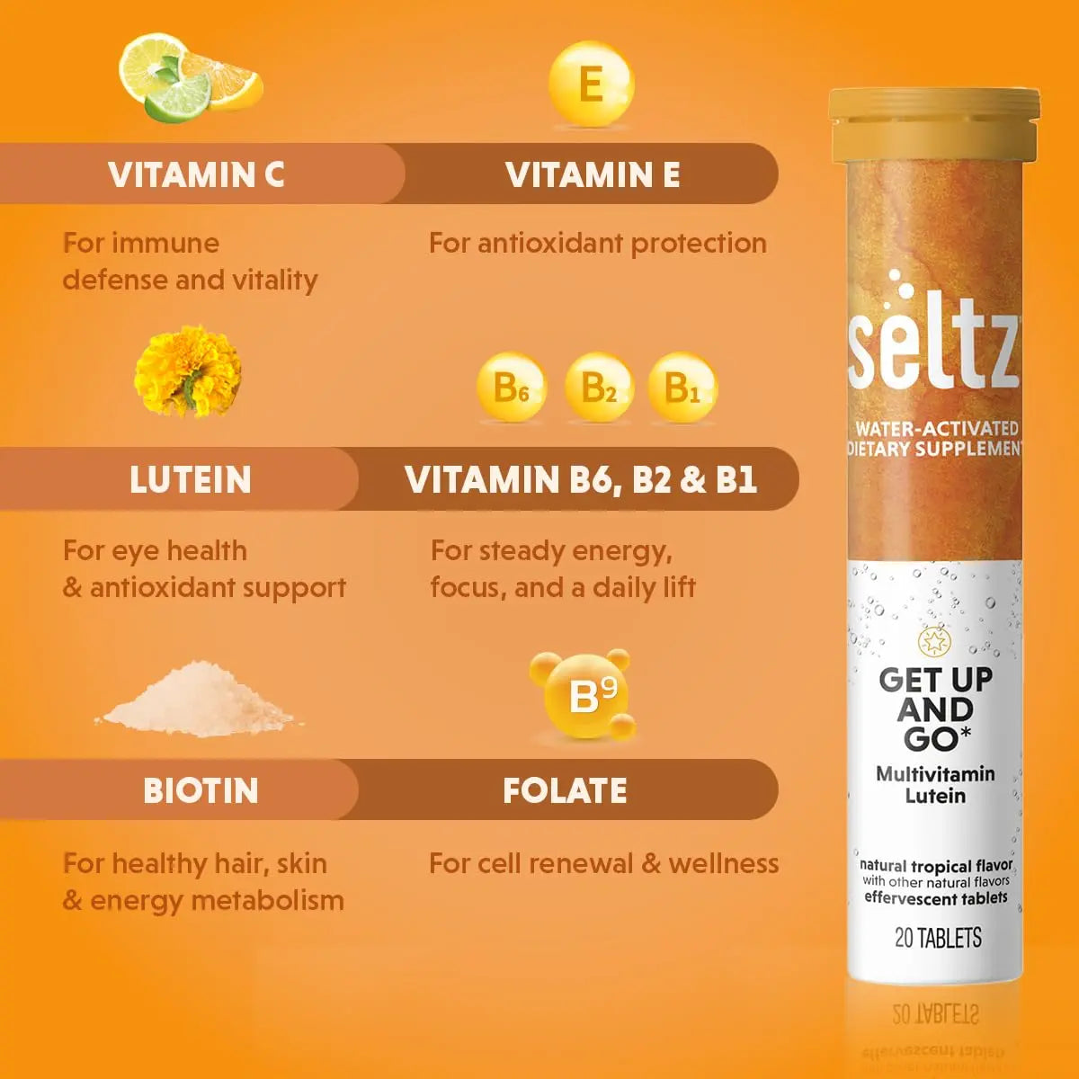 Seltz® Get Up and Go – Effervescent Multivitamin with Lutein for Daily Energy, Eye Health & Antioxidant Support Seltz uk supplements
