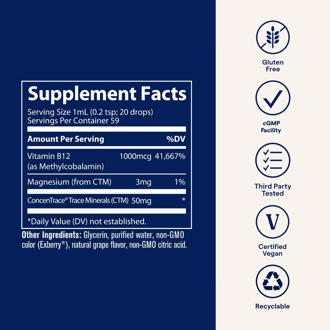 Trace Minerals Ionic B12 - Liquid Multivitamin for Hormone Balance & Healthy Nerve Function - Supports Metabolic Health - Enzyme Production - Natural Wellness Formula - 2 fl oz (59 Servings) Trace Minerals uk supplements