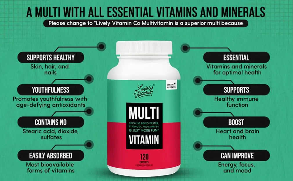 LIVELY VITAMIN CO. Multivitamin - 37 Vitamins Minerals and Extracts - Energy - Memory - Immune Function - Heart- Brain - Focus - Mood - Antioxidants - Dairy Gluten Soy Free - 60 Vegetarian Capsules LIVELY VITAMIN CO uk supplements