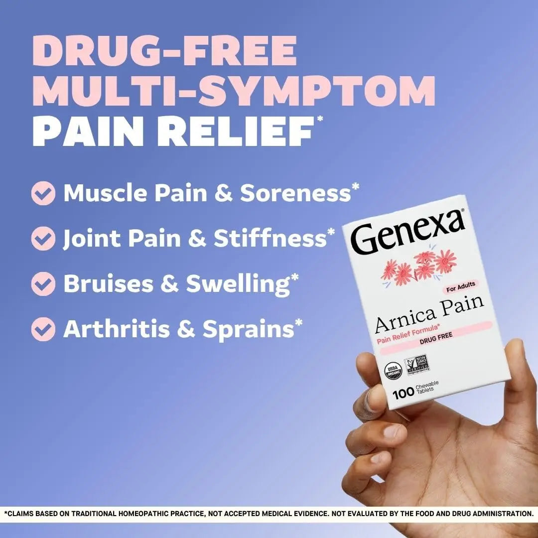 Genexa Adult Pain Relief Bundle | 500mg Acetaminophen Caplets + Homeopathic Arnica Chewables | Fast Relief for Headache, Joint & Muscle Pain | OTC + Homeopathic Combo | No Dyes or Artificial Additives Genexa uk supplements