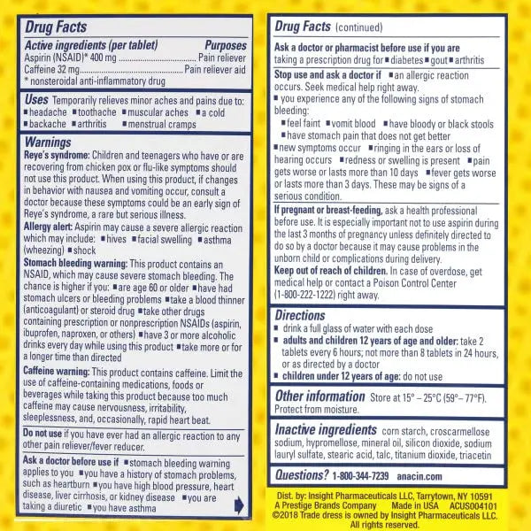 Anacin Fast Pain Relief Pain Reducer Aspirin Tablets, 200 Tabs (Value Pack of 2) ANACIN uk supplements
