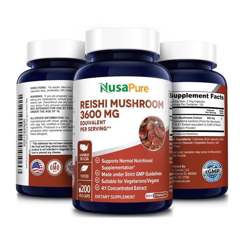 NusaPure Reishi Mushroom 4:1 Extract, 900 mg Equivalent to 3,600mg per Capsule 200 Veggie Caps Vegan, Non-GMO, Gluten-Free NusaPure uk supplements