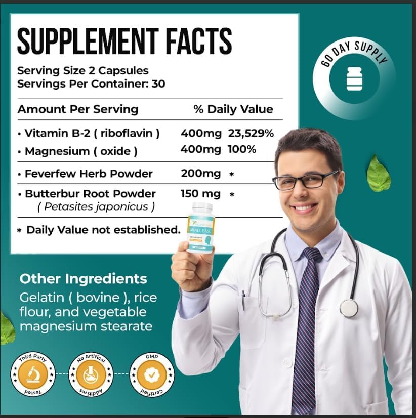 Nature's Nectar Migraine Prevention Feverfew Capsules – PA Free Butterbur Root, Riboflavin 400 mg, Magnesium & Feverfew – Natural Headache Relief & Migraine Supplement – 120 Capsules Nature's Nectar uk supplements