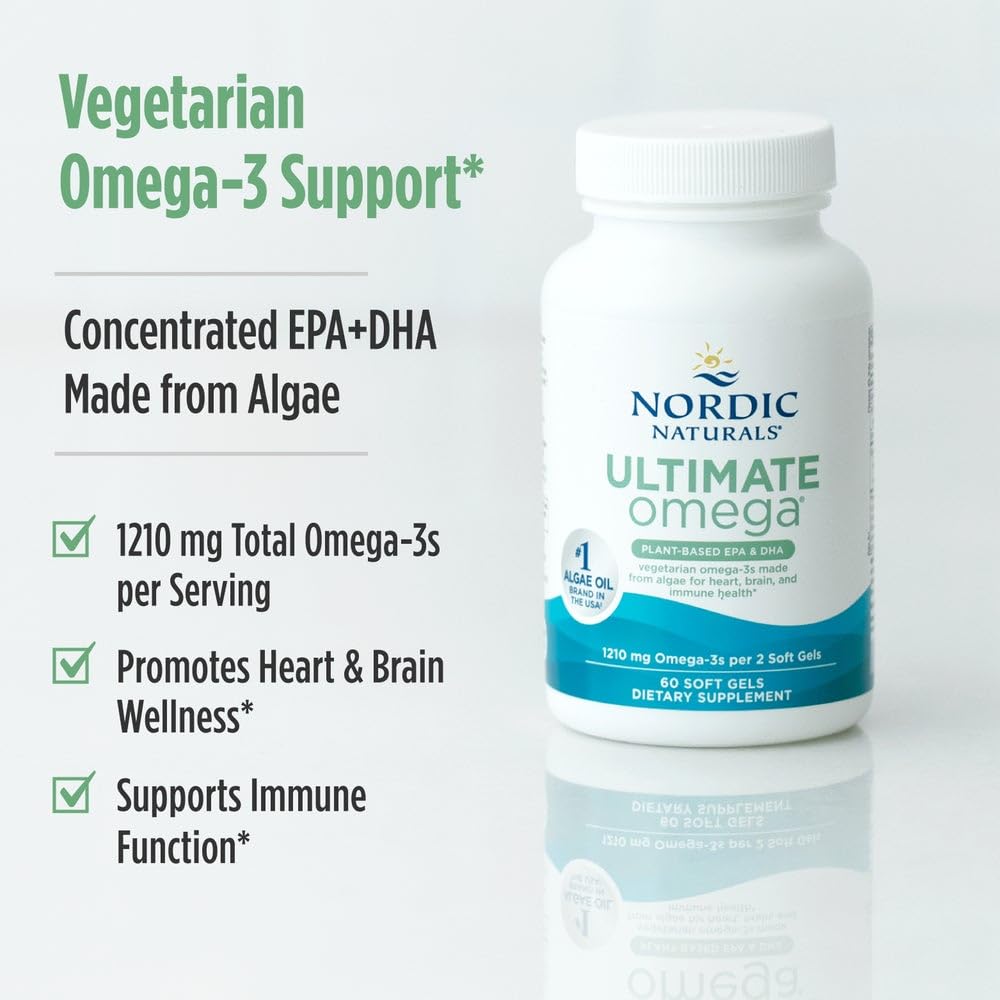 Nordic Naturals Plant Based Ultimate Omega, Lemon Flavor - 60 Vegetarian Soft Gels - 1210 mg Omega-3 - Vegan EPA and DHA - Supplement Made from Algae - Brain & Heart Support - Non-GMO - 30 Servings Nordic Naturals uk supplements