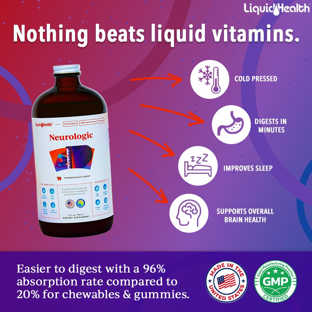 LIQUIDHEALTH Neurologic Focus Supplement - Brain Booster Nootropic Supplement for Cognitive Function, Memory & Focus with Ginkgo Biloba, Choline, L-Theanine & Phosphatidylserine - USA Made (32 oz) LIQUIDHEALTH uk supplements
