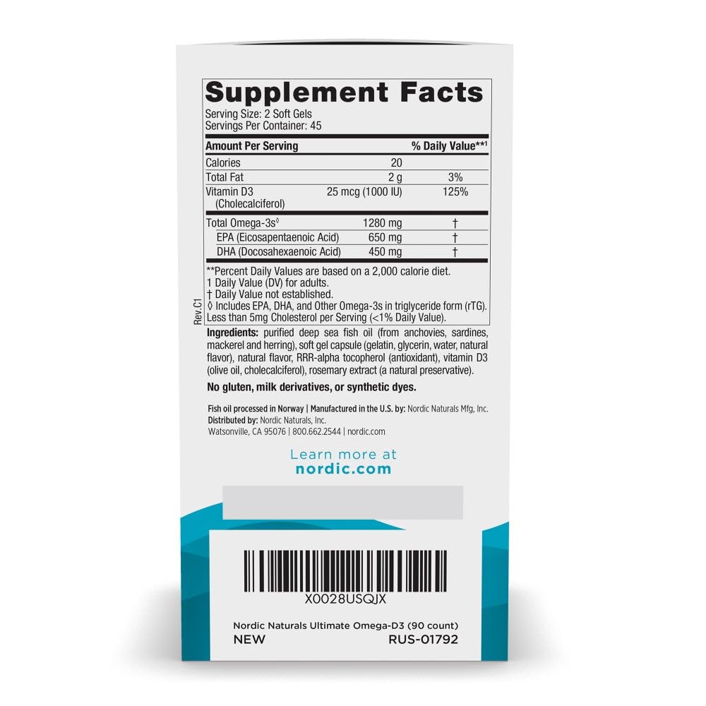 Nordic Naturals Ultimate Omega-D3, Lemon Flavor - 90 Soft Gels - 1280 mg Omega-3 + 1000 IU Vitamin D3 - EPA & DHA - Promotes Brain, Heart, & Immune Health - 45 Servings Nordic Naturals uk supplements