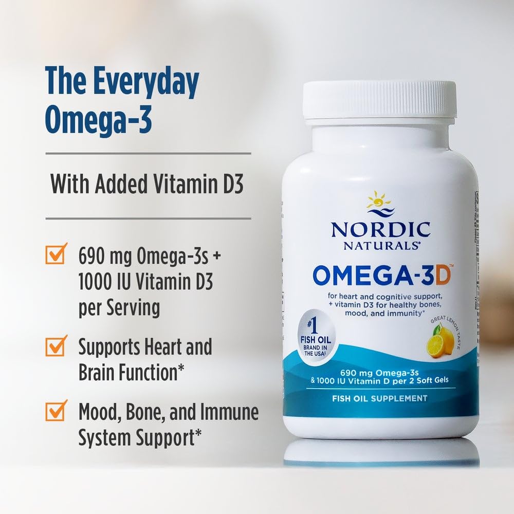 Nordic Naturals Omega-3D, Lemon Flavor - 120 Soft Gels - 690 mg Omega-3 + 1000 IU Vitamin D3 - Fish Oil - EPA & DHA - Immune Support, Brain & Heart Health, Healthy Bones - Non-GMO - 60 Servings Nordic Naturals uk supplements