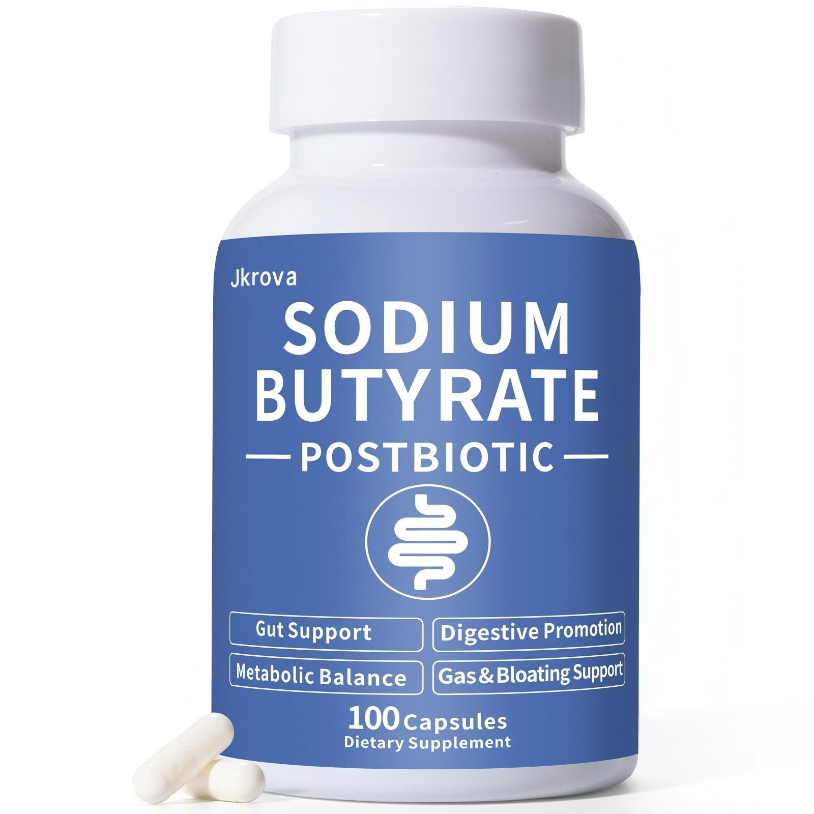 Sodium Butyrate, Butyrate Gut Health Supplement, Postbiotic for Gut, Stomach & Digestive, Support IBS, Leaky Gut, Gas & Bloat, Low Odor, 100 Vegan Capsules Jkrova uk supplements