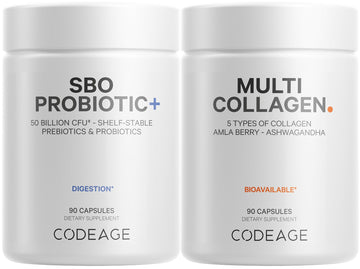 Codeage Multi Collagen Protein Capsules 5 Types, Ashwagandha Withania Somnifera & Organic Amla Berry + SBO Probiotic Blend 50 Billion CFU Bundle, Lactobacillus Plantarum, Bacillus Subtilis, Non-GMO Codeage uk supplements