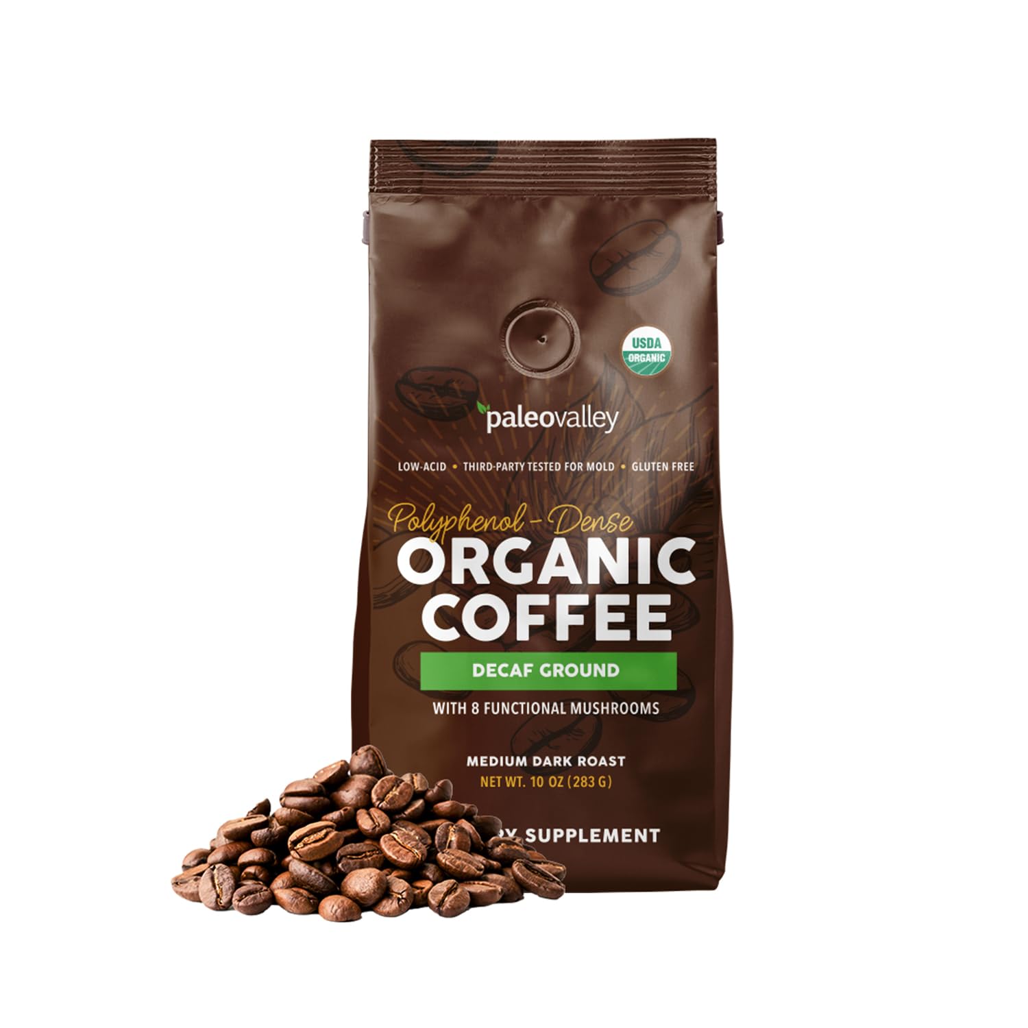 Paleovalley Organic Ground Coffee, 10oz - Decaf, Low Acid, Single-Origin, Polyphenol-Rich, Infused with Mushrooms Paleovalley uk supplements