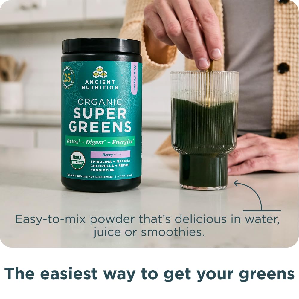 Ancient Nutrition SuperGreens Powder with Probiotics, Organic Berry Flavor Greens, Made from Real Fruits, Vegetables and Herbs, Digestive and Energy Support, 25 Servings, 6.7oz Ancient Nutrition uk supplements