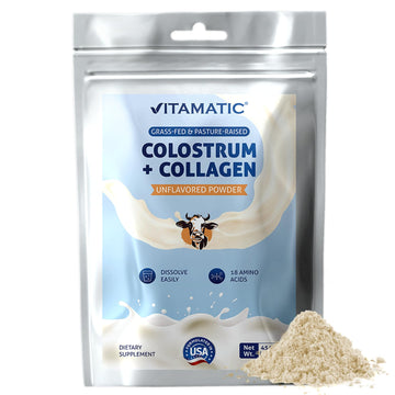 Vitamatic Bovine Colostrum + Collagen Powder - Supplement for Gut Health, Hair Growth, Beauty, Muscle Recovery, & Immune Support - Easy to Mix - Unflavored - 454 Gram, (16 oz) Vitamatic uk supplements