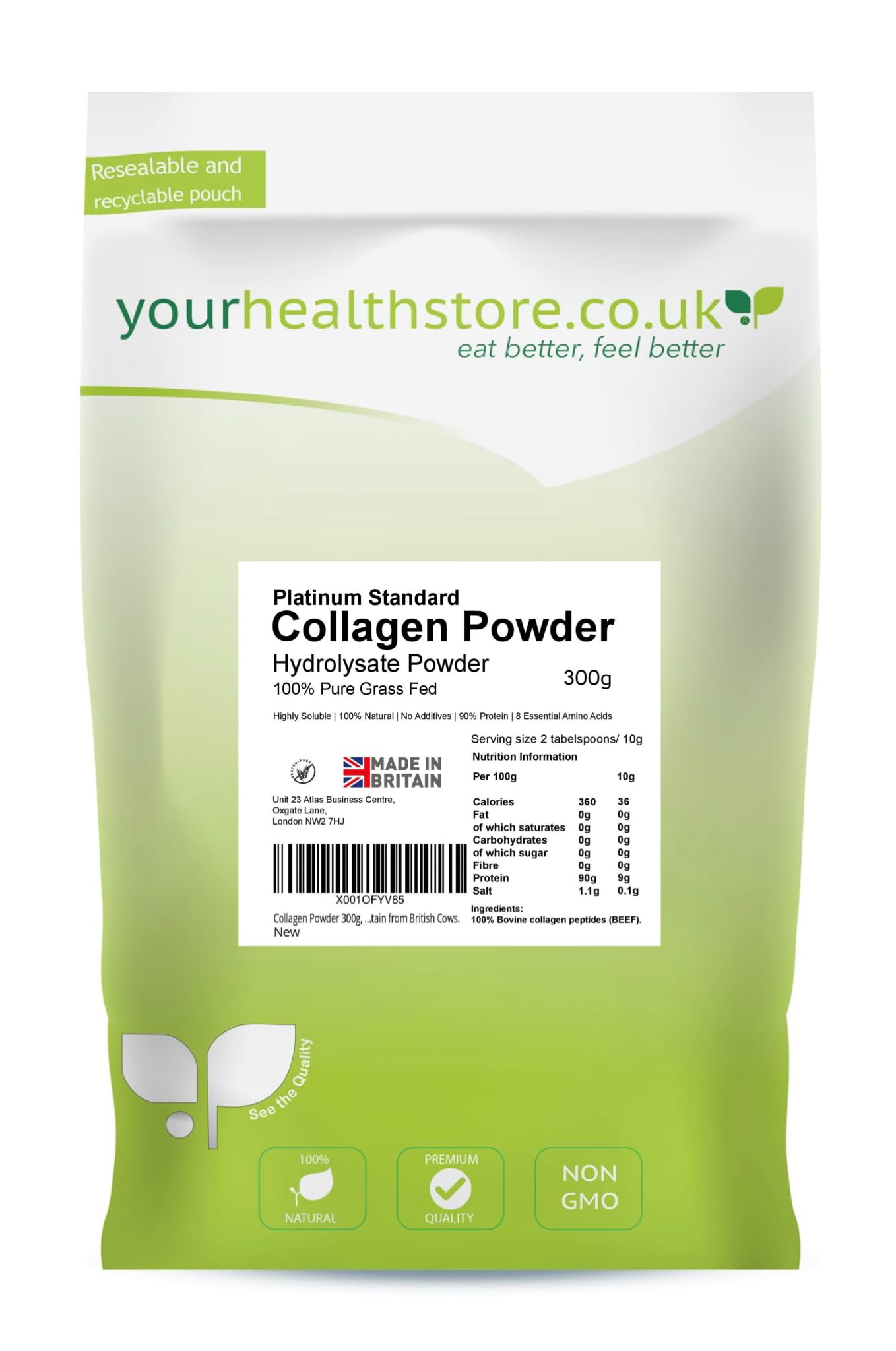 Collagen Powder 300g, 100% Pure Unflavoured, Grass Fed, Platinum Standard, Bovine yourhealthstore uk supplements