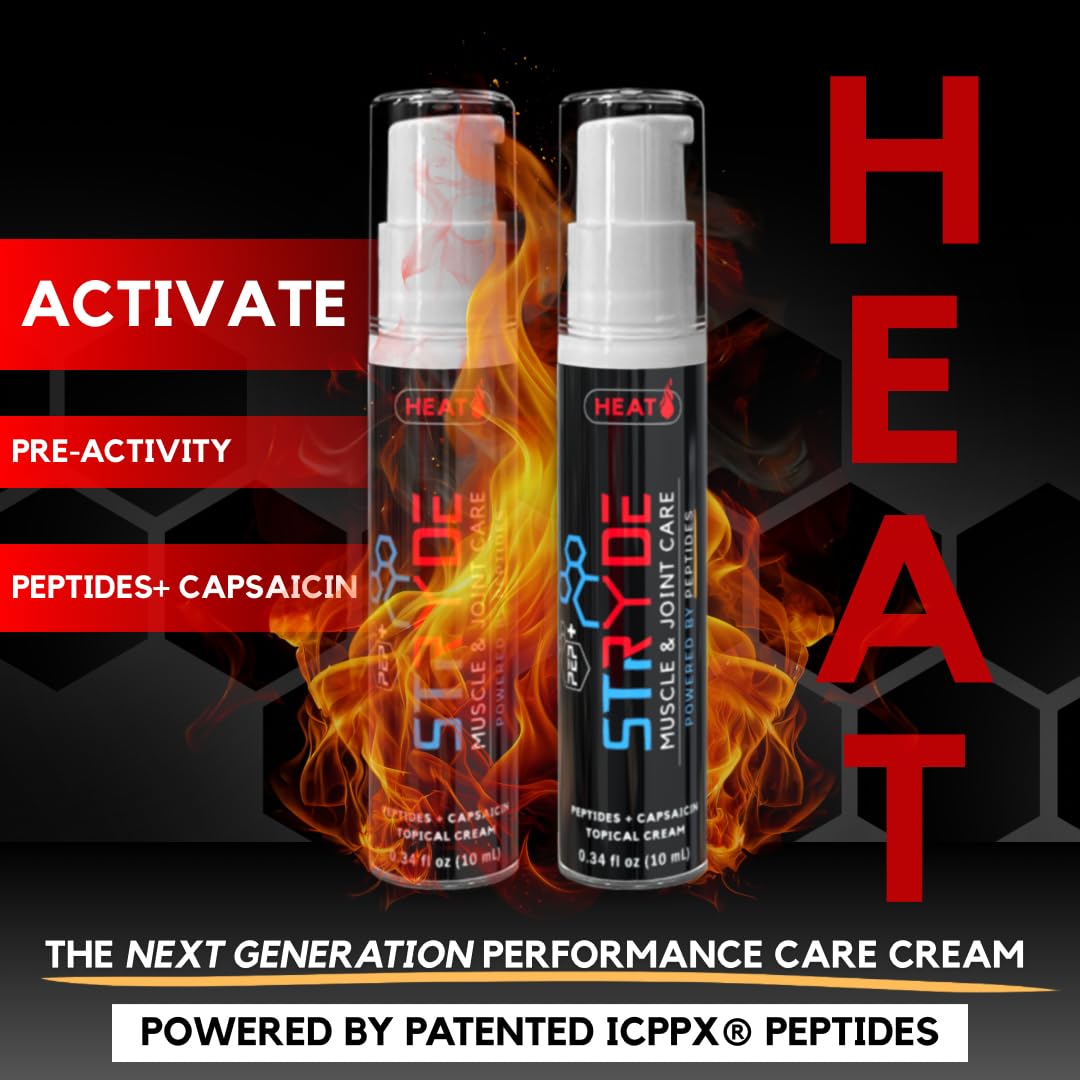 PEP+ STRYDE HEAT - Peptide-Powered Muscle & Joint Care Cream for Pre-Workout Activation - Warming Capsaicin Formula, Fast-Absorbing, Non-Greasy, Travel-Ready 0.34 fl oz (2-Pack, 30-40 Uses per Bottle) PEP+ STRYDE uk supplements