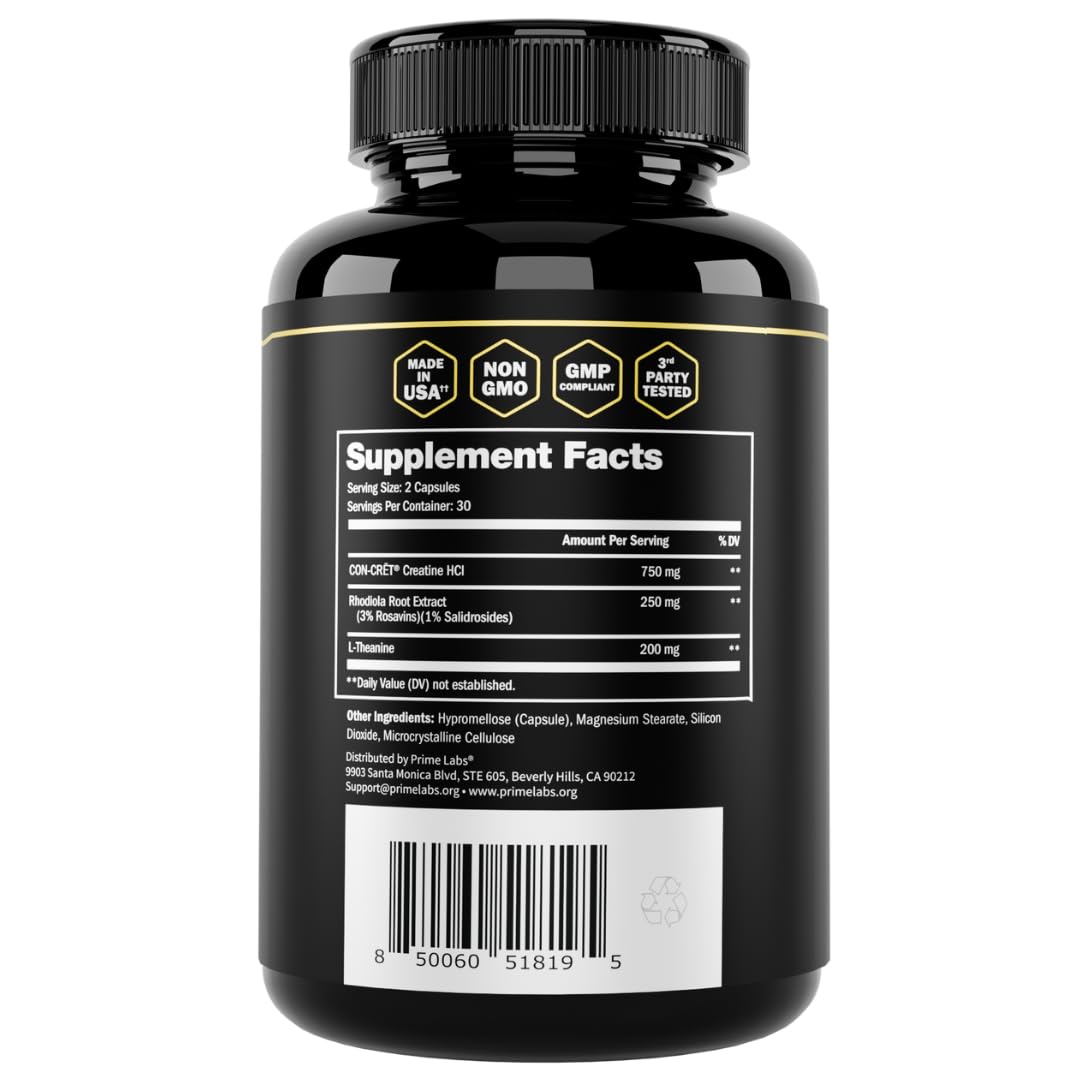 Prime Labs Creatine HCl Capsules - with CON-CRĒT®, Rhodiola Root Extract, & L-Theanine - Muscle Support, Endurance, Cognitive Function - for Men & Women - 60 Pills Prime Labs uk supplements
