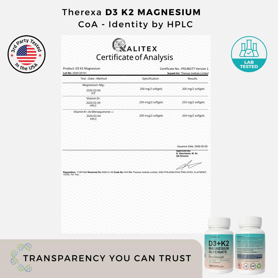 THEREXA Vitamin D3 K2 Magnesium Supplement - Extra Strength with 10000 IU Vitamin D3, Magnesium Glycinate and 200 mcg K2 MK-7 Vitamin Supplements Complex, for Women & Men - 300 Softgels THEREXA uk supplements