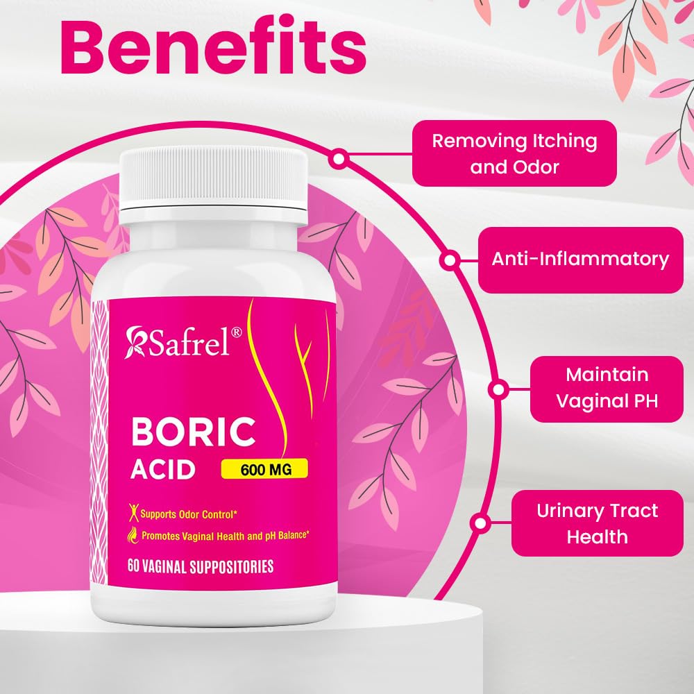 Safrel Boric Acid Vaginal Suppositories - 60 Count (1-Pack) – 100% Pure USA-Made, Supports Intimate Safrel uk supplements