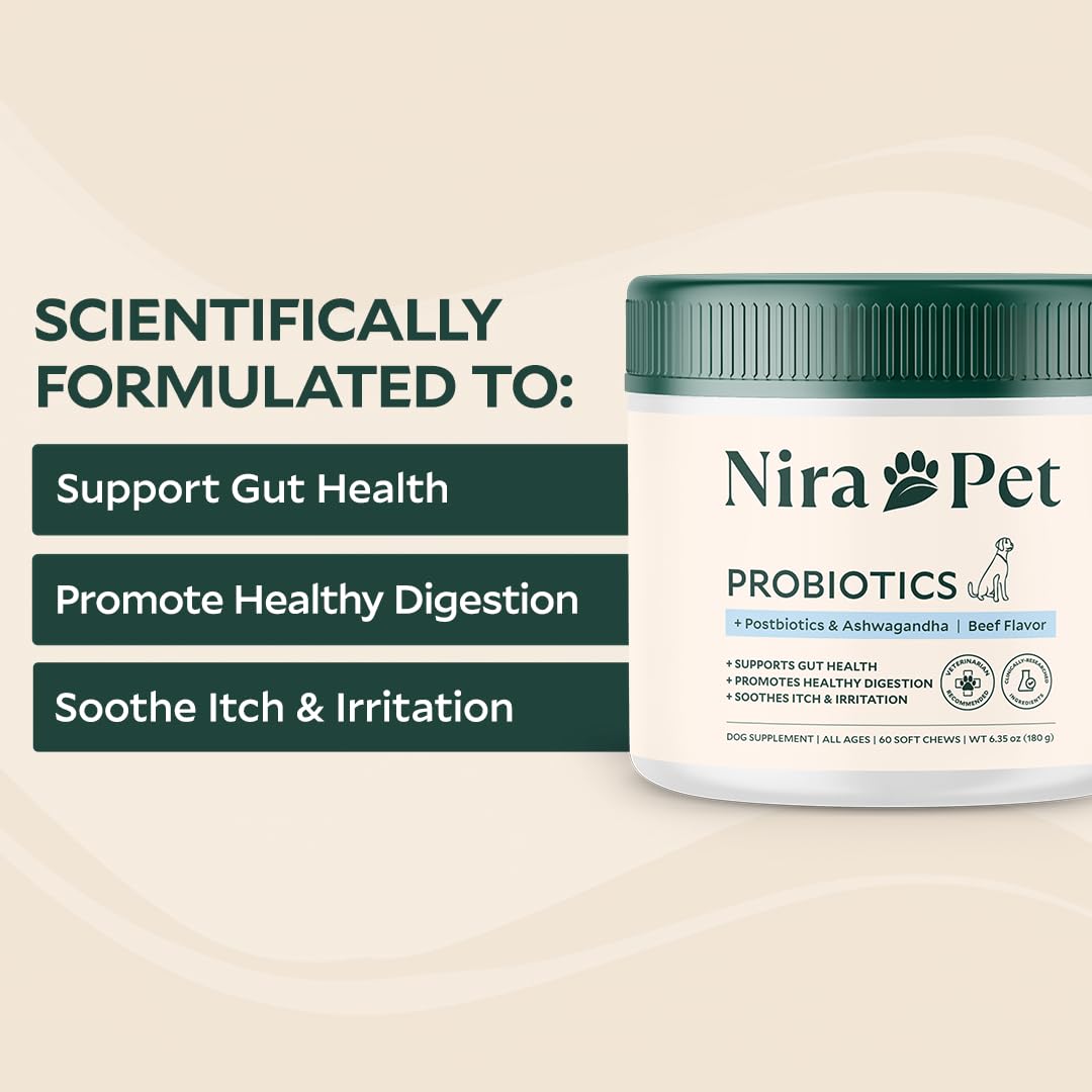 Nira Pet Probiotics for Dogs – 60 Beef-Flavored Chews with Postbiotics, Colostrum, Ashwagandha & Lactobacillus – Supports Gut Health, Immunity, Diarrhea, Gas & Stress Nira Pet uk supplements