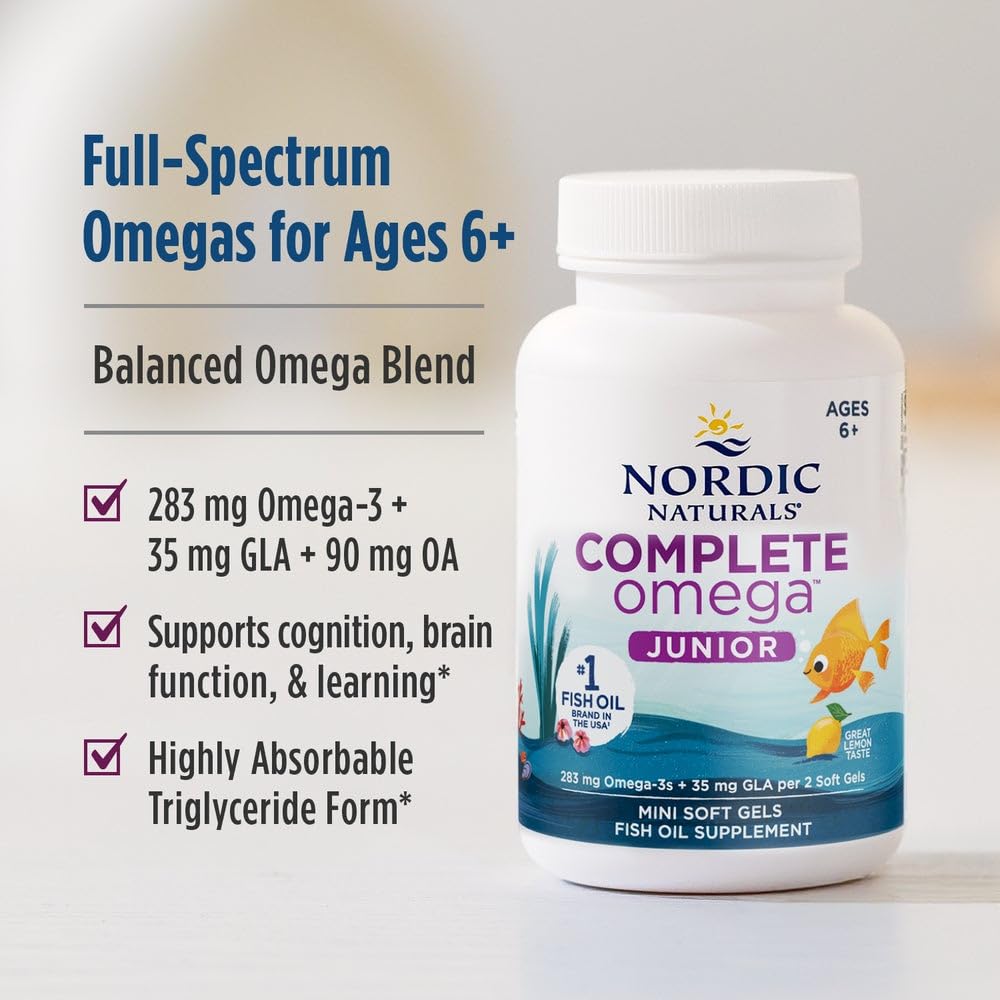 Nordic Naturals Complete Omega Jr., Lemon - 180 Mini Soft Gels - 283 mg Total Omega-3s & 35 mg GLA - Healthy Cognition, Nervous System Function - Non-GMO - 90 Servings Nordic Naturals uk supplements
