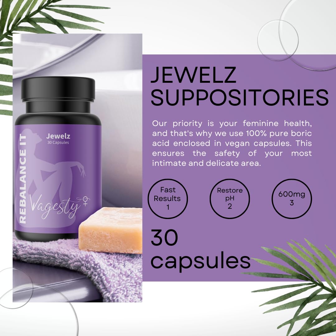 Vagesty Jewelz boric Acid Vaginal Suppositories, 100% Pure boric Acid, rebalance Vaginal pH Vagesty uk supplements