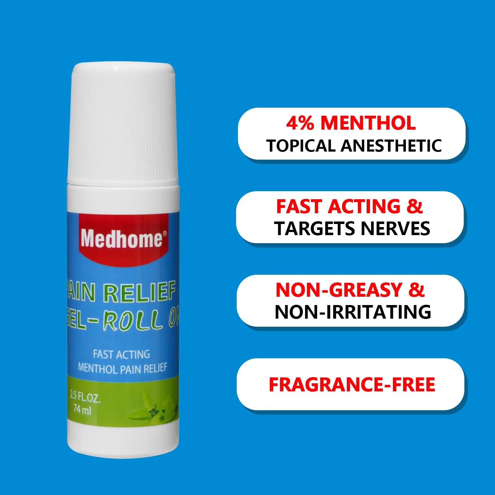 Medhome Pain Relief Roll On, Travel Size Pain Reliever, for Knee, Neck, Hip, Joint, Shoulder, Arthritis Pain Reliever, Fast Acting & Long Lasting Formula, Roll On Menthol Gel 2.5 oz (Pack of 1) Medhome uk supplements