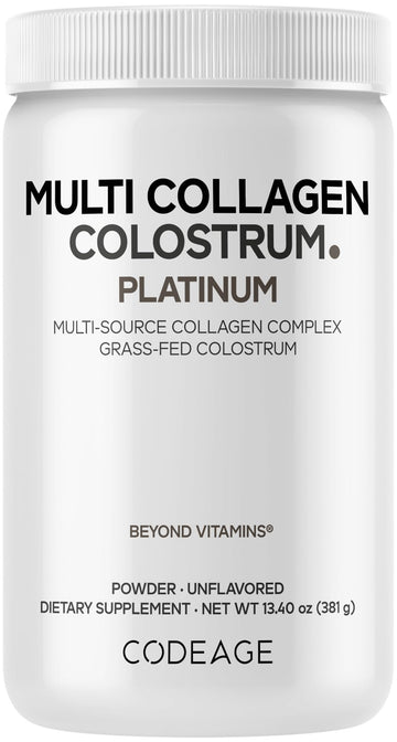 Codeage Multi Collagen Colostrum Powder Platinum - Hydrolyzed Grass-Fed Bovine Collagen Peptides, Grass-Fed Bovine Colostrum Supplement, Vitamin C, Biotin, Hyaluronic Acid, Lactoferrin - 13.4 Oz. Codeage uk supplements
