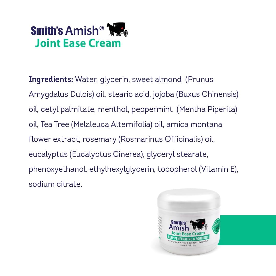 Smith’s Amish Joint Ease Cream 4 oz jar. Soothing and Cooling, with Botanicals of Arnica, Peppermint, Tea Tree, Rosemary and Eucalyptus Smith Amish uk supplements