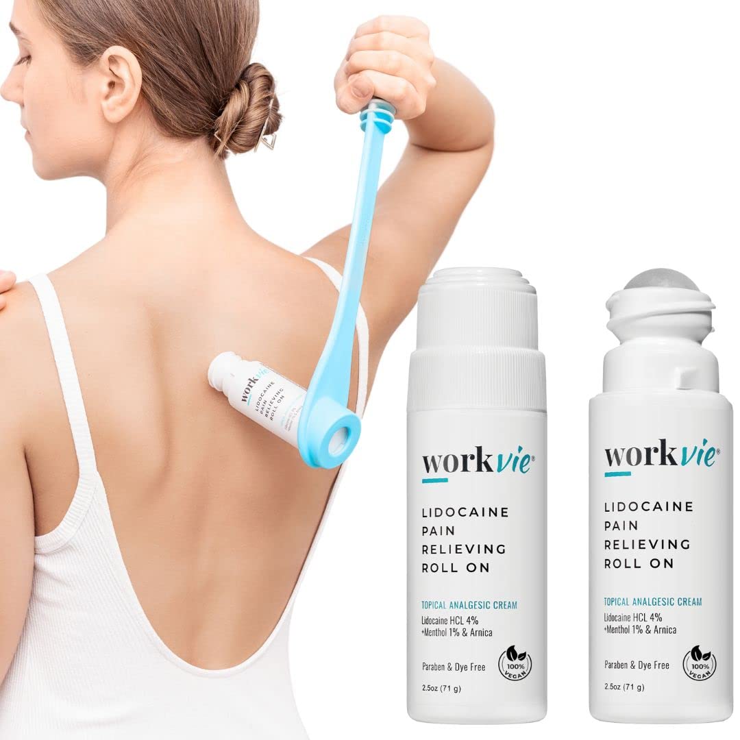 Workvie Lidocaine Pain Relief Roll On 2 Pack & Easy Reach Applicator Tool – Fast Acting Topical Lidocaine Maximum Strength with Arnica Montana & Aloe Vera for Muscles, Joints, Back, Neck & Feet Workvie uk supplements