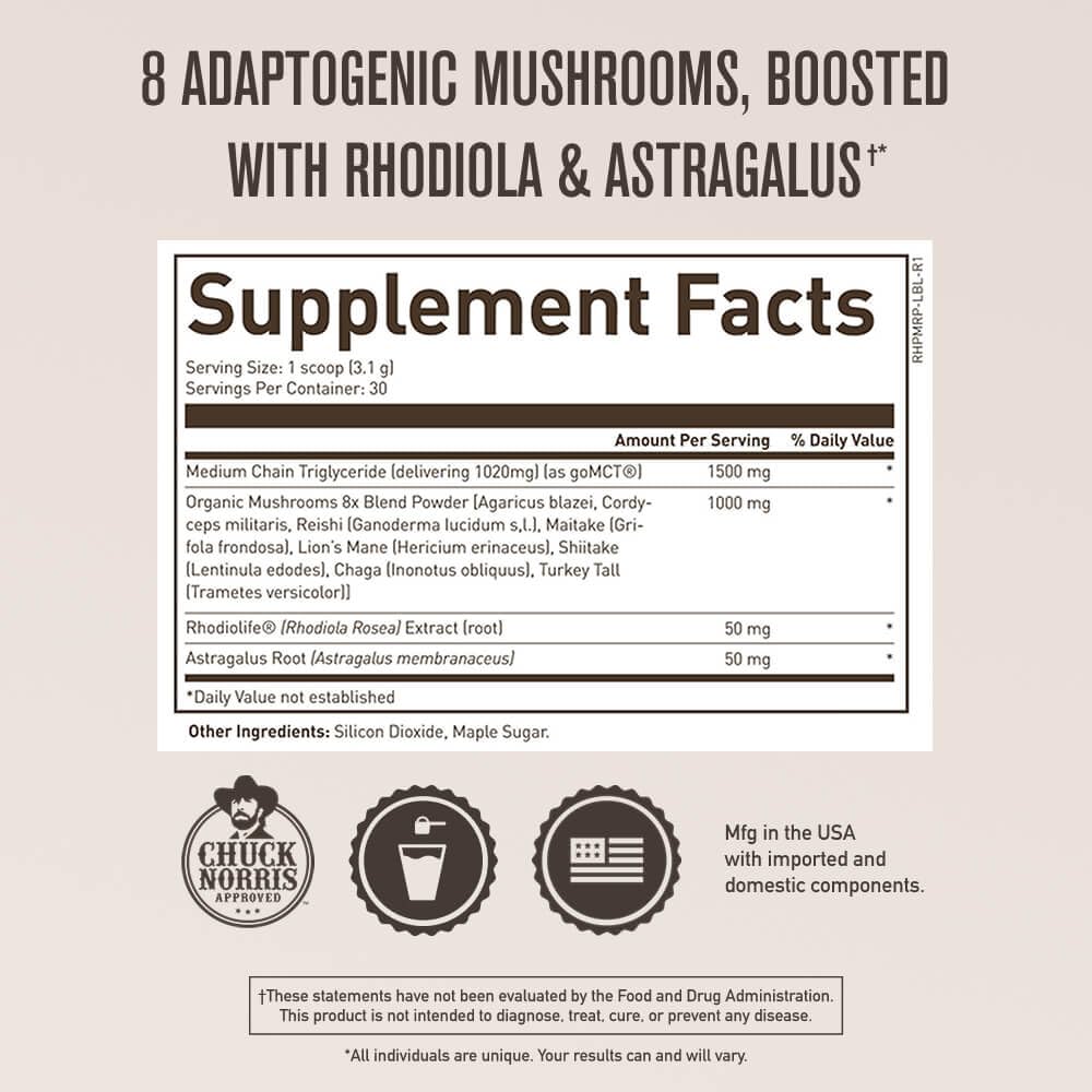 ROUNDHOUSE PROVISION Qi Master Adaptogen Blend, Earthy Mushroom Flavor with Astragalus Root, Rhodiolife Extract, MCT, 8 Organic Mushrooms (30 Scoops) by Chuck Norris ROUNDHOUSE PROVISION uk supplements