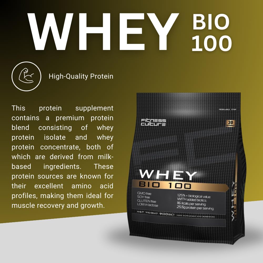Fitness Culture Whey Bio 100 Whey Protein Powder with Pre and Pro Biotics Raspberry Flavour My Store uk supplements