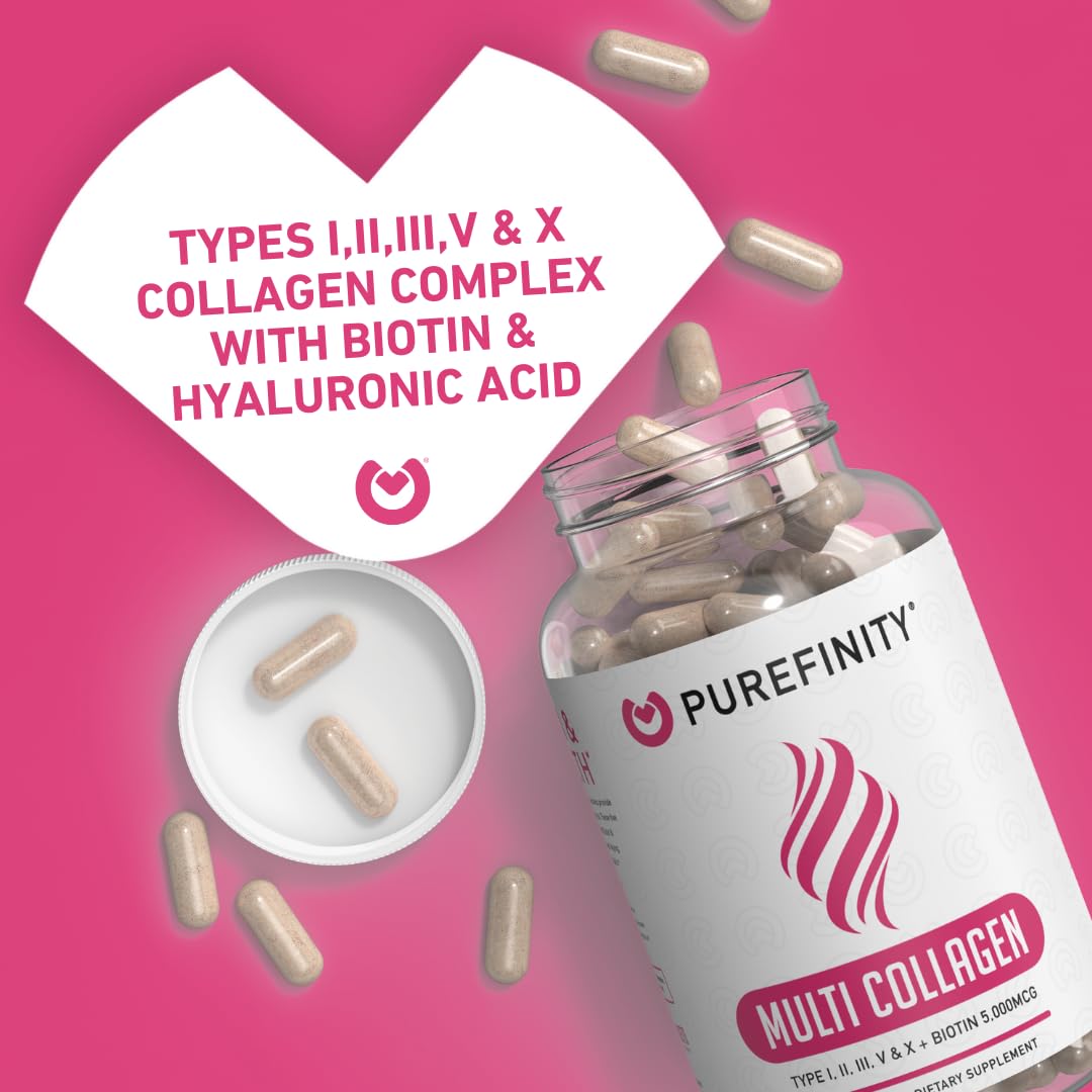 PUREFINITY Collagen Peptides for Women – Type I, II, III, V & X with Biotin & Hyaluronic Acid, Supports Healthy Skin, Bones, Hair & Nails – Non-GMO, Grass-Fed (90 Capsules, 1 Month Supply) PUREFINITY uk supplements