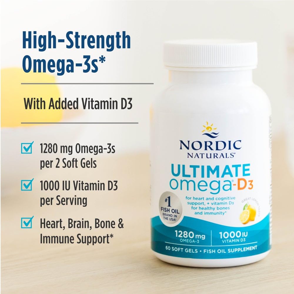 Nordic Naturals Ultimate Omega-D3, Lemon Flavor - 90 Soft Gels - 1280 mg Omega-3 + 1000 IU Vitamin D3 - EPA & DHA - Promotes Brain, Heart, & Immune Health - 45 Servings Nordic Naturals uk supplements