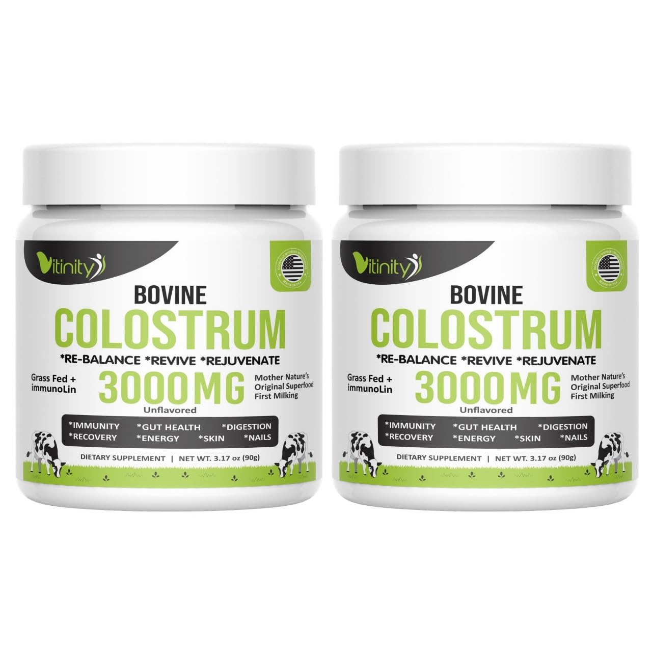 VITINITY Grass Fed Bovine Colostrum Powder for Humans 3000 mg - Natural IgG Colostrum Supplement Gut Health, Immune Support, Muscle Recovery, Wellness | Pure Colostrum Superfood,Unflavored 2 Pack VITINITY uk supplements