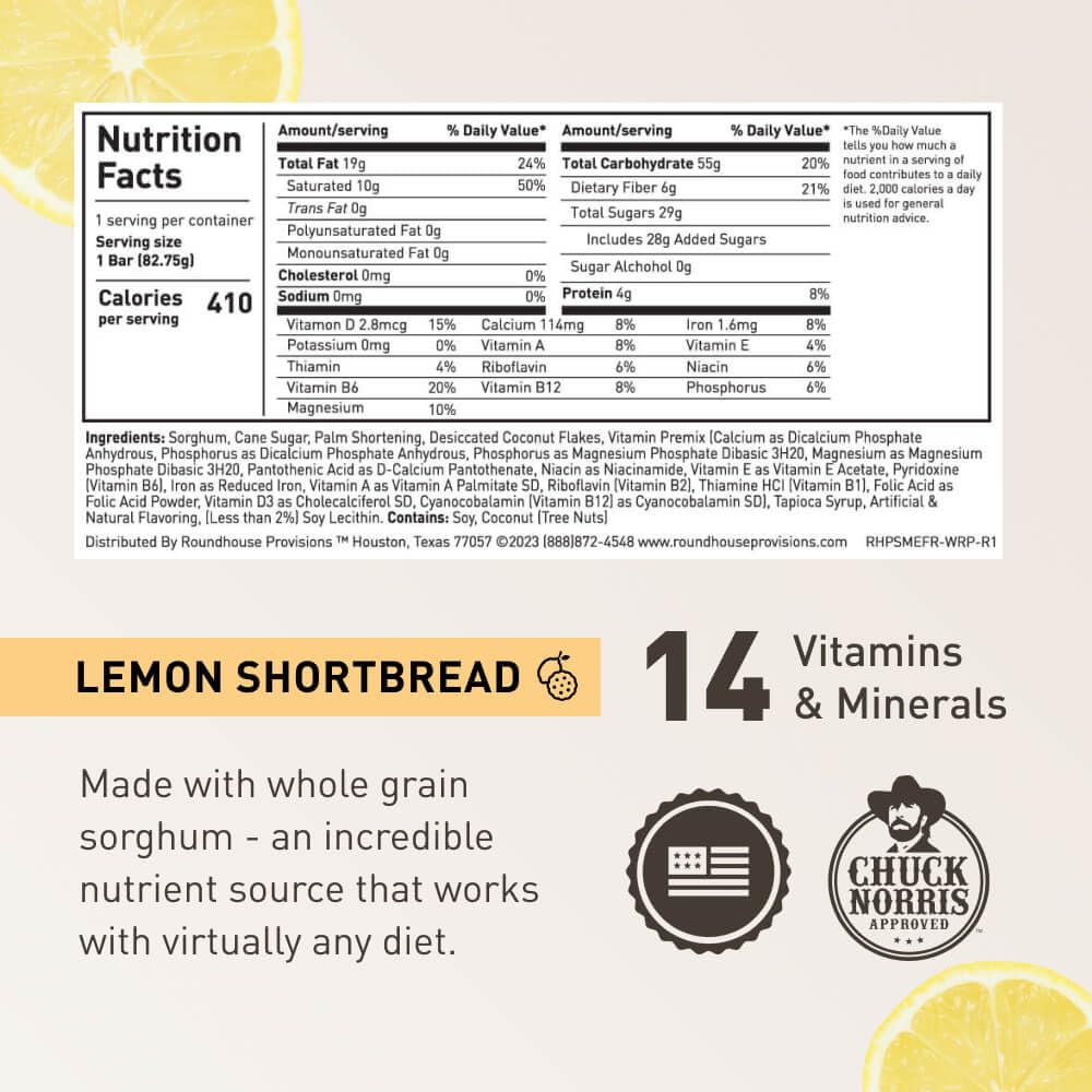 Roundhouse Provisions by Chuck Norris Emergency Food Bars - High Calorie Lemon Shortbread, 14 Vitamins & Minerals - Whole Grain Sorghum, 5-Year Shelf Life - Survival Rations for Crisis & Adventure ROUNDHOUSE PROVISION uk supplements