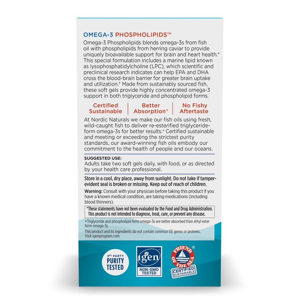 Nordic Naturals Omega-3 Phospholipids, Unflavored - 60 Soft Gels - 500 mg Omega-3 & 350 mg Phospholipids - Heart & Brain Health - Small, Easy-to-Swallow Soft Gels - Non-GMO - 30 Servings Nordic Naturals uk supplements