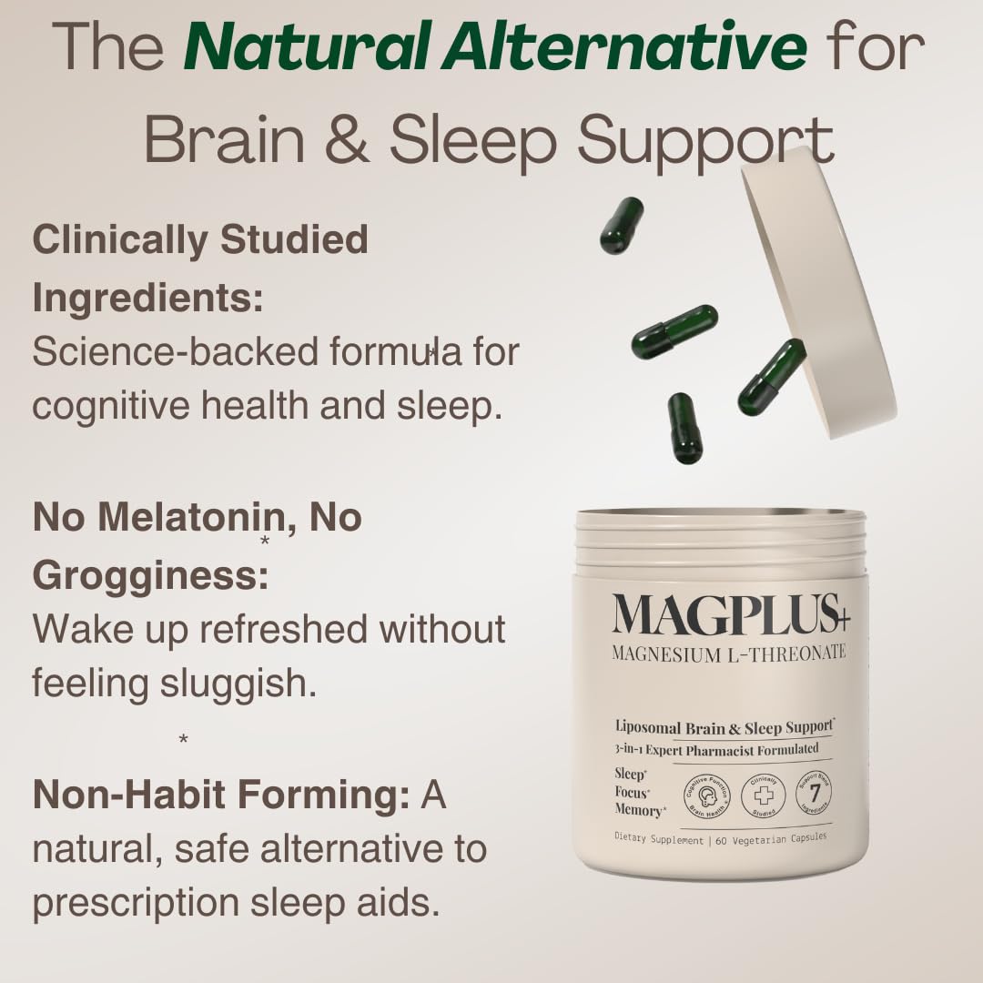 MAGPLUS+ Magnesium L-Threonate w Apigenin & L Theanine | 7-Ingredient Sleep Blend | Brain, Memory, & Sleep Support | Liposomal Magnesium Threonate Supplement (60 Capsules) Plus+Ultra uk supplements