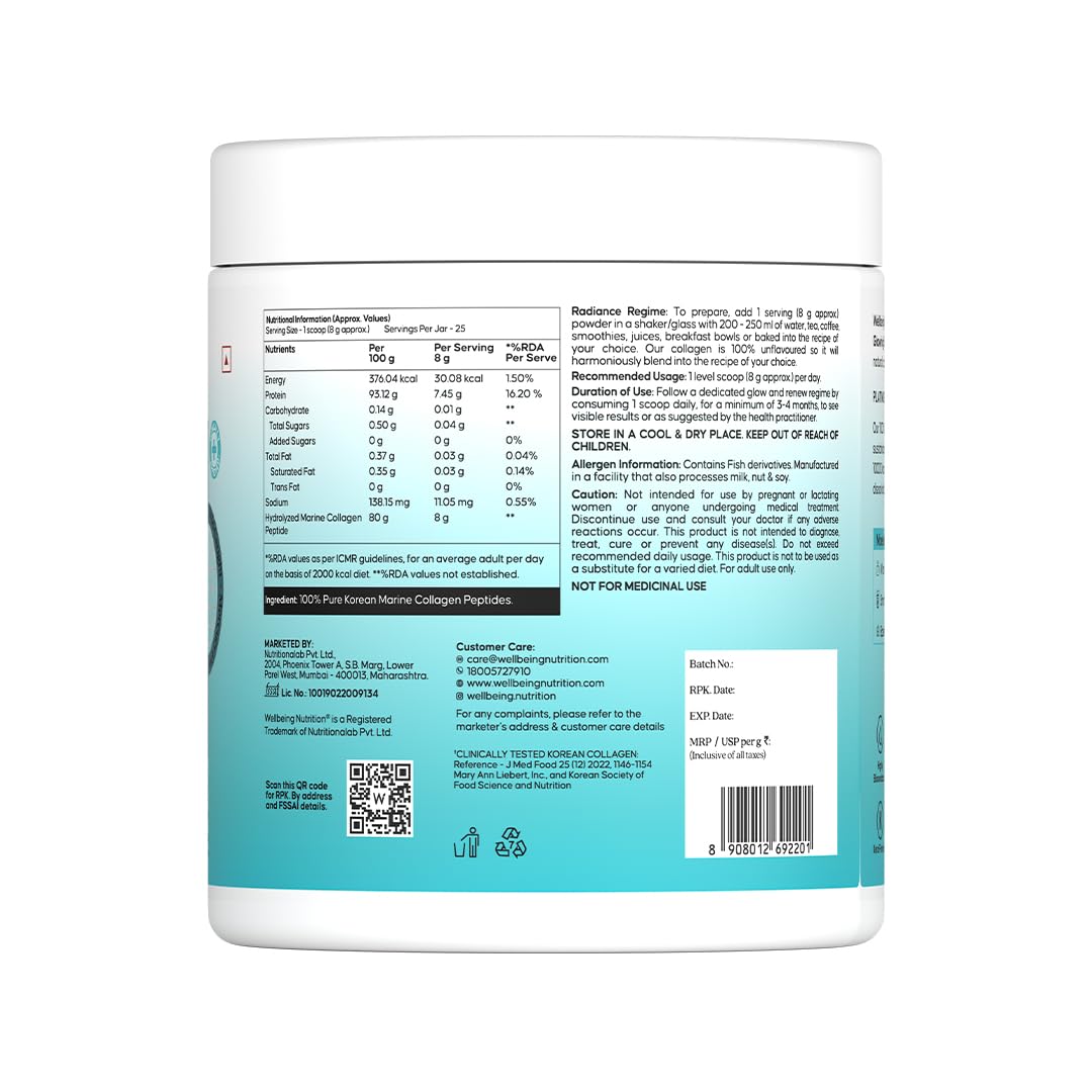 WELLBEING NUTRITION Pure Korean Marine Collagen Supplements for Women & Men, 200g | Hydrolyzed Collagen Powder and Amino Acids | Supports Healthy Skin, Hair, Nails, Bone & Joint | Unflavored WELLBEING NUTRITION uk supplements