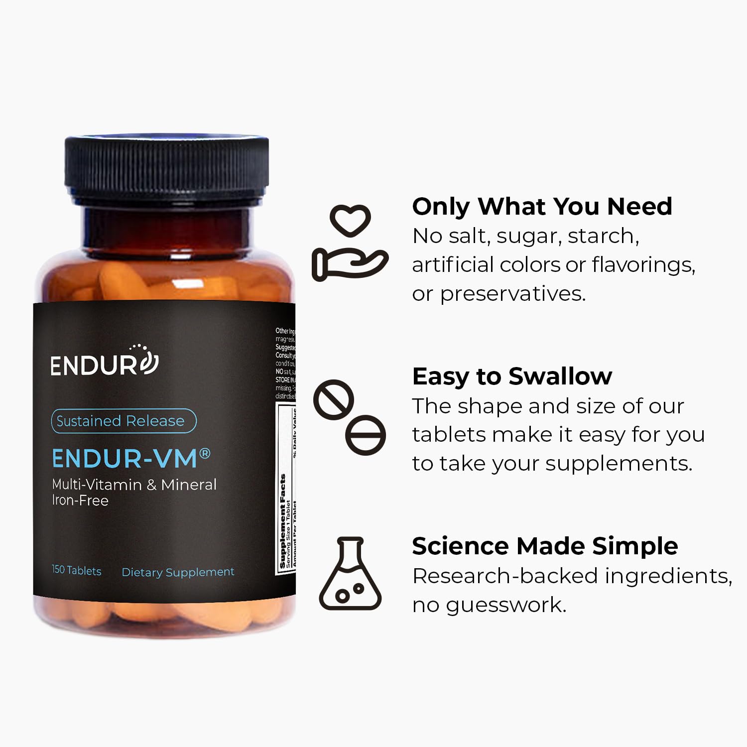 ENDUR-VM - Multivitamin Vitamin A, C, D, E, B12 & Zinc (Without Iron) SR (Sustained Release) 22 Essential Nutrients to Support Overall Wellness for Men & Postmenopausal Women - 150 Tablets Endurance Products uk supplements