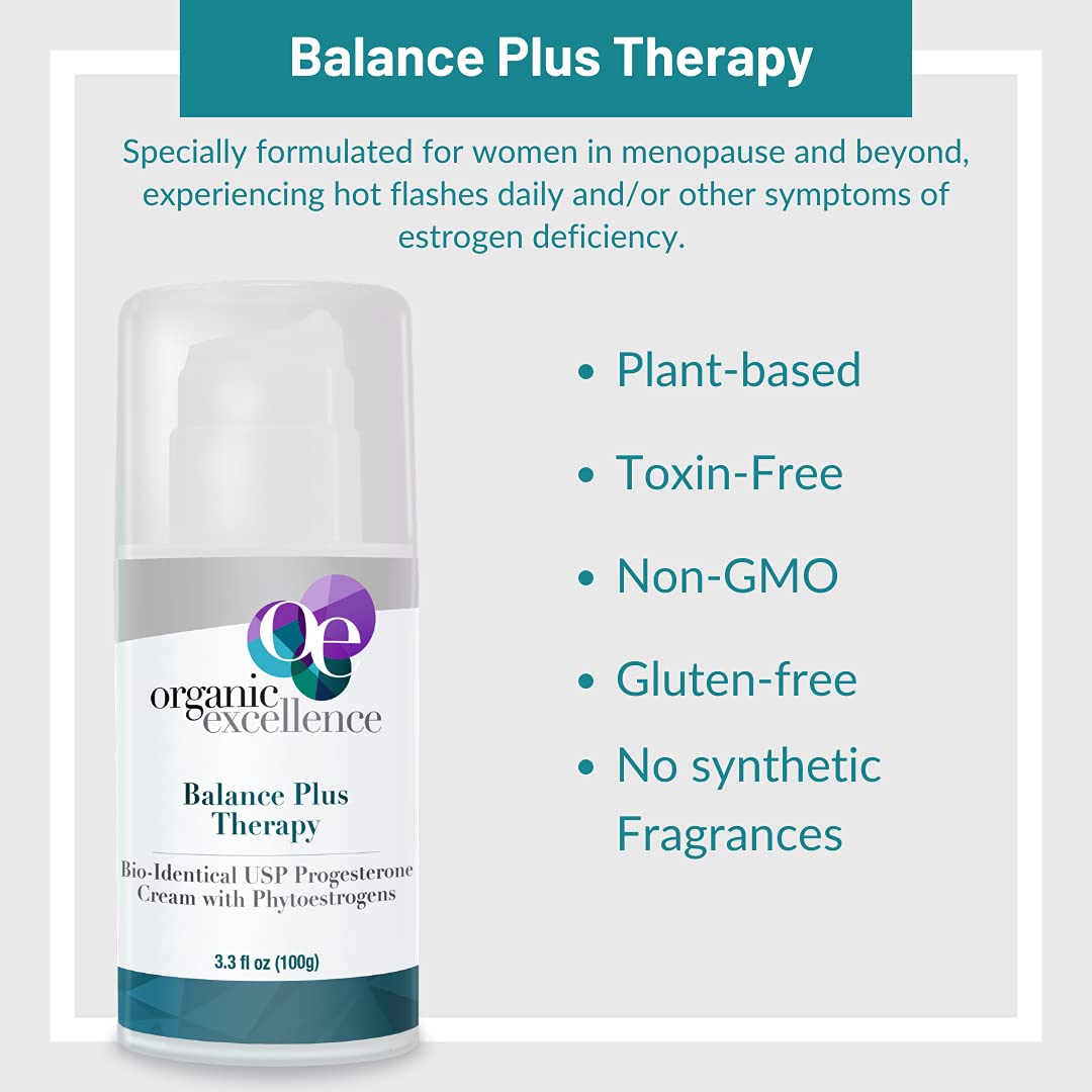 Organic Excellence Balance Plus Therapy - USP Bioidentical Organic Progesterone Cream for Women - with Phytoestrogens - for Menopause Relief and Natural Hormone Balance, 3.3 fl oz (100g) Organic Excellence uk supplements