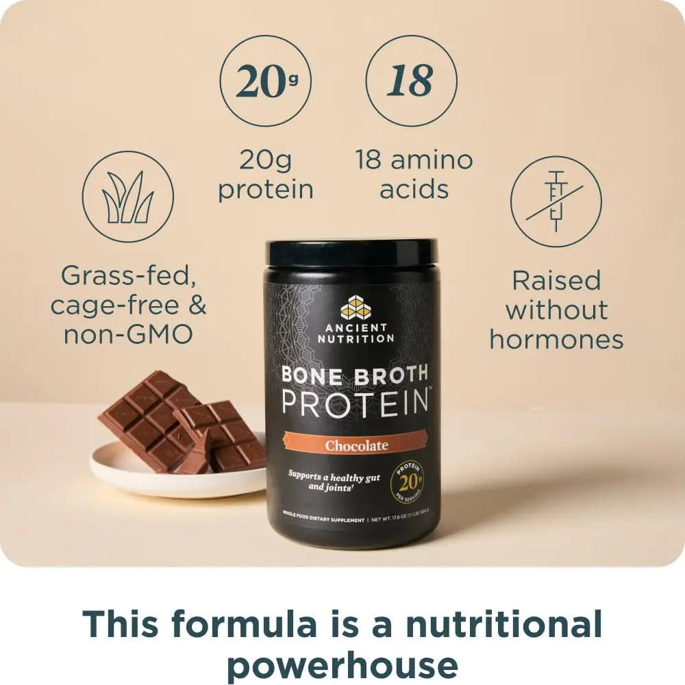 Ancient Nutrition Protein Powder Made from Real Bone Broth, Chocolate, 20g Protein Per Serving, 20 Serving Tub, Gluten Free Hydrolyzed Collagen Ancient Nutrition uk supplements