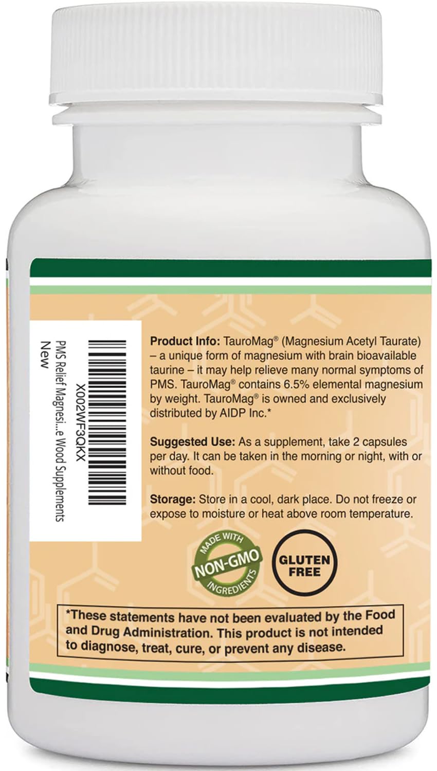 Magnesium Acetyl-Taurate (ATA MG, TauroMag) Novel and Patented Form of Magnesium for PMS and Cramp Relief (60 Capsules, 350mg) PMS Relief Magnesium Supplement by Double Wood Supplements Double Wood Supplements uk supplements
